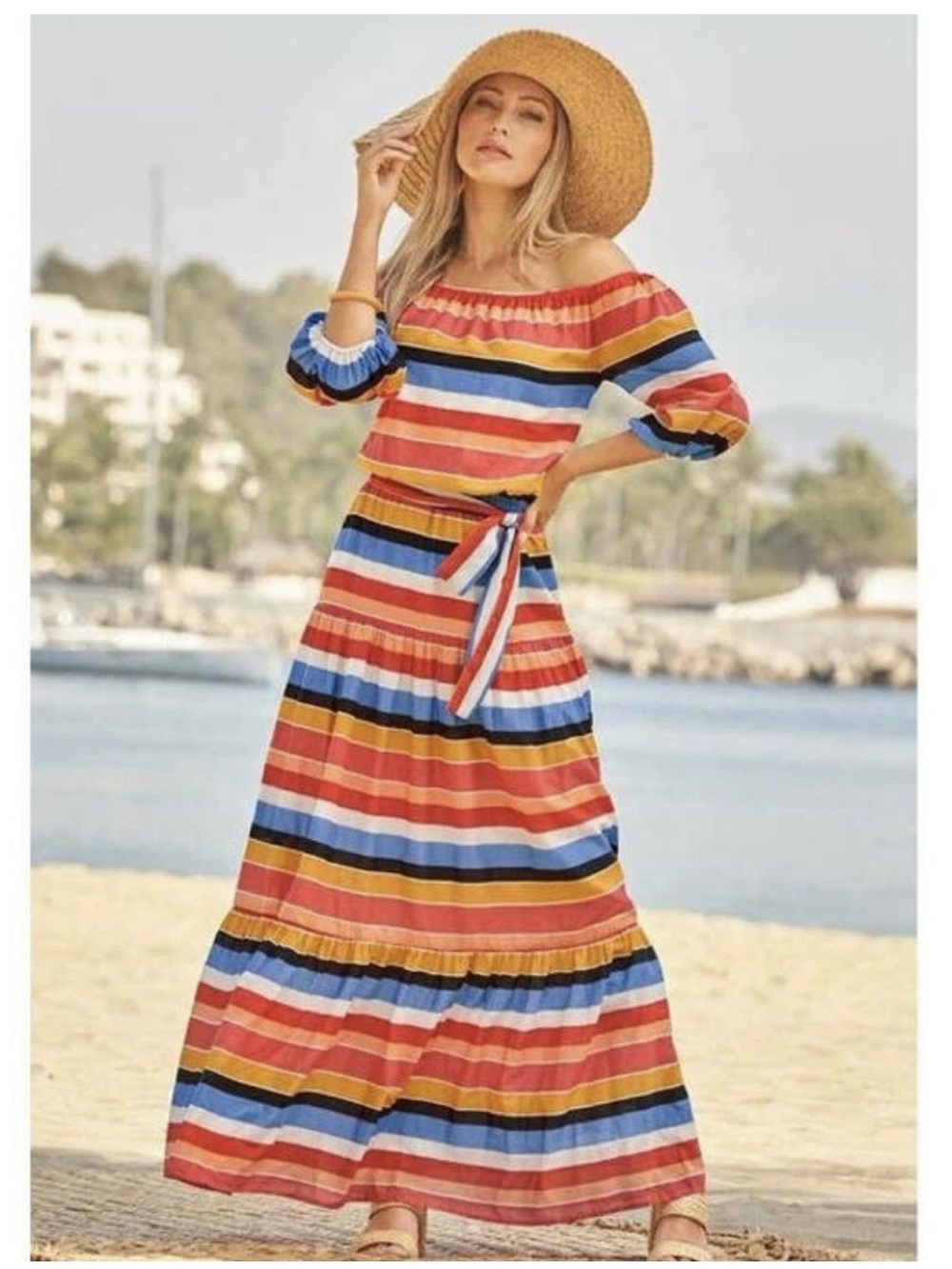 Boston Proper Off-the-Shoulder Striped Maxi Dress Large | Colorful Boho  Dress